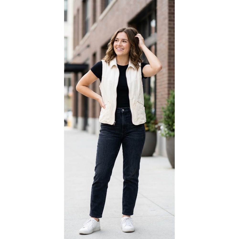 American Eagle Vest Women S Cream Good ZipFront Cropped Denim Utility Sleeveless